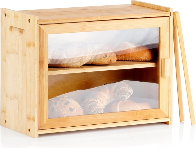 Bambusov dvonadstropni kozarec za kruh s kleščami 40 × 20 × 31 cm