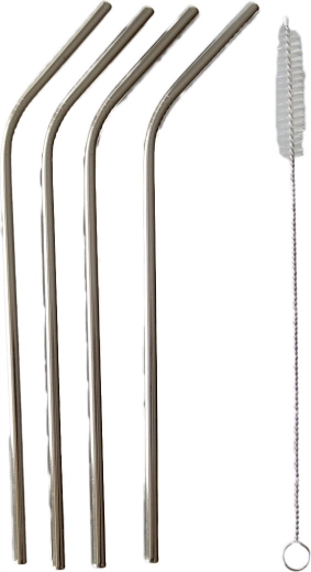 Stainless Steel Bent Straws 21.5 cm (4 pcs) with Cleaning Brush