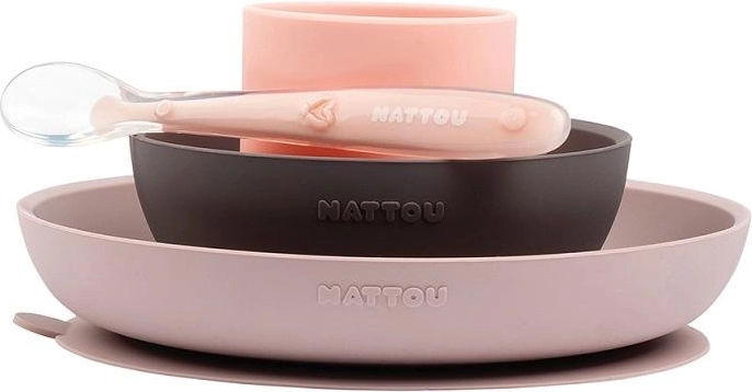 Nattou silikonski jedilni set 4 kosi, rožnato‑vijoličen, brez BPA