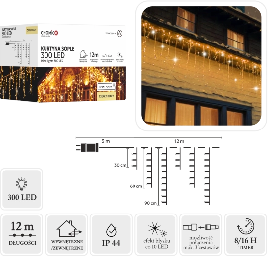 Light curtain – icicles 300 LED warm white 15 m - 1 pc