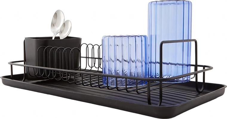 Odkapljalnik za posodo z odkapno posodico, črn, velik, s predalom za pribor