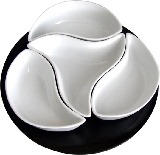 Komplet keramičnih skled Veternik na vrtljivem lesenem pladnju, 4 kosi