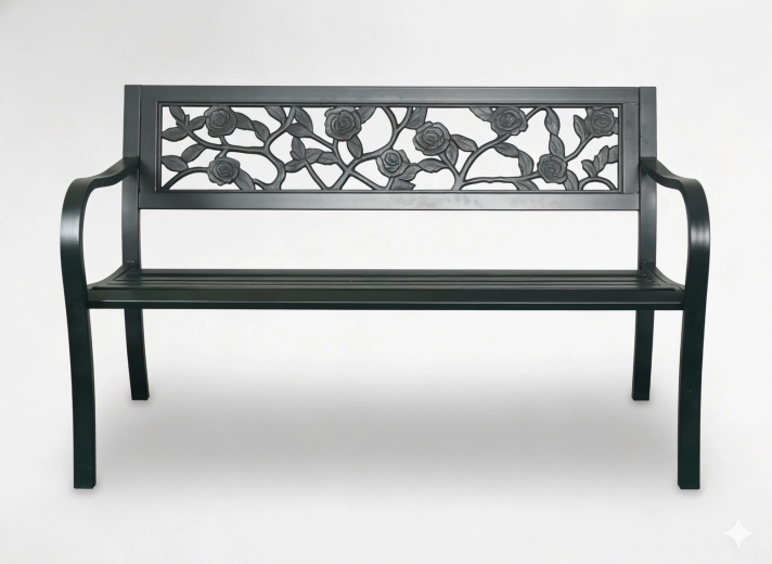Vrtna kovinska klop z rožnim motivom, 125 × 53 × 77 cm