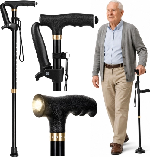 Zložljiva nastavljiva palica z LED svetilko za seniorje – črna