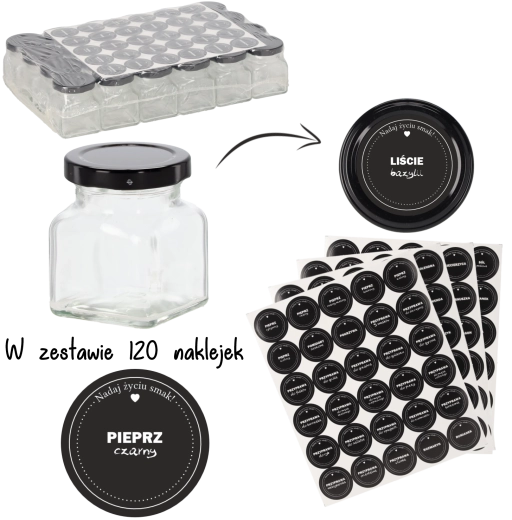 Komplet 24 kvadratnih steklenih kozarcev za začimbe 120 ml z nalepkami