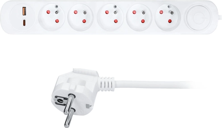 Solight podaljšek s 5 vtičnicami in polnjenjem USB-A/C, 3 m, bel