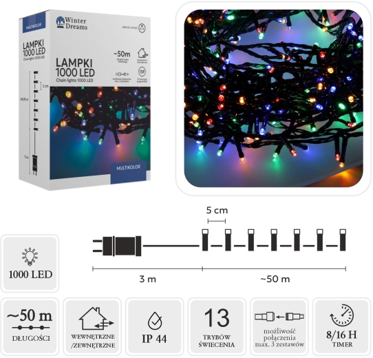 LED božična svetlobna veriga 1000 diod multicolor 50 m, notranja/zunanja - 1 kos
