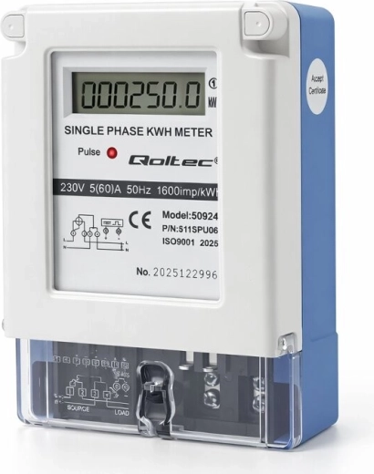 Qoltec enofazni števec porabe energije 230 V 5(60) A LCD