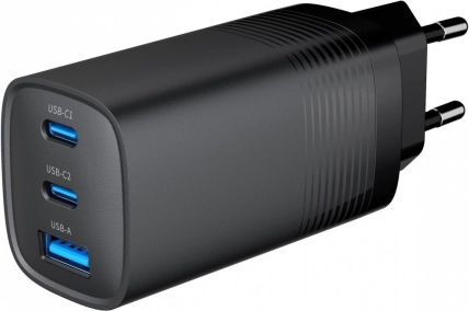 Črni USB polnilec 65 W GaN z 1x USB-A in 2x USB-C priključkoma