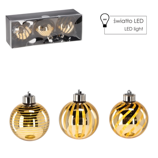 Set zlatih steklenih božičnih okraskov z LED, 8 cm, 3 kosi