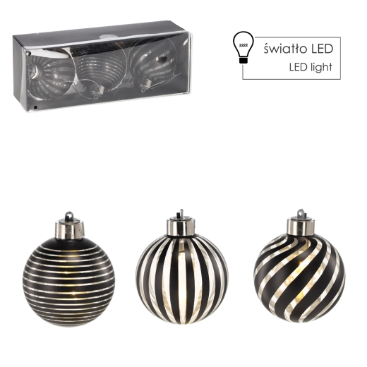 Set steklenih božičnih okraskov s srebrno LED osvetlitvijo 8 cm (3 kosi) Chomik