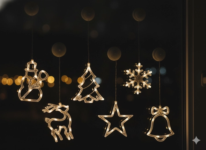 Božična okenska LED dekoracija s priseskom na baterije, topla bela, mešanica 6 oblik