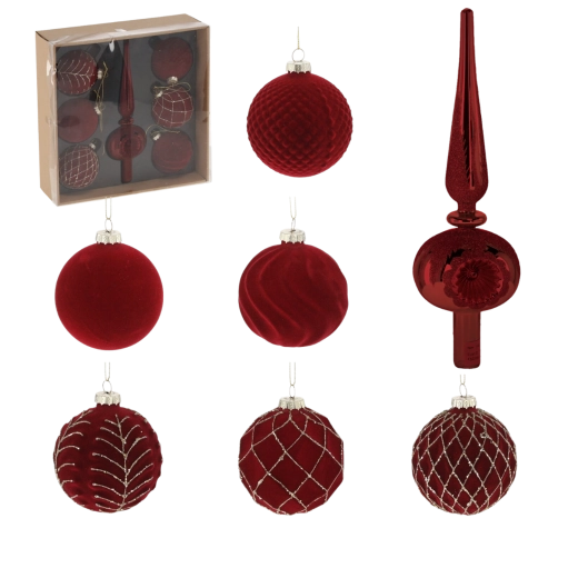 Komplet 7 steklenih božičnih krogel v bordo barvi