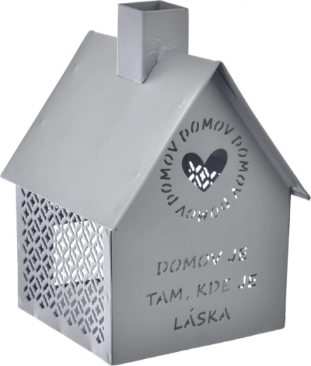 Kovinska hiška Domov – svečnik za čajno svečko, siv, 15 cm