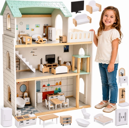 Three-Story Wooden Dollhouse with Furniture, Terrace and Elevator