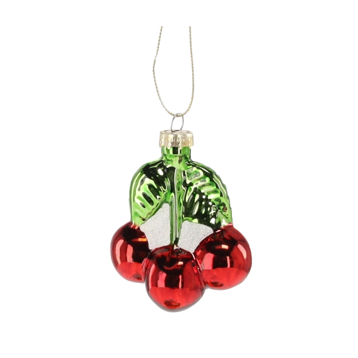 Stekleni božični okrasek češnje z listi, komplet 12 kosov