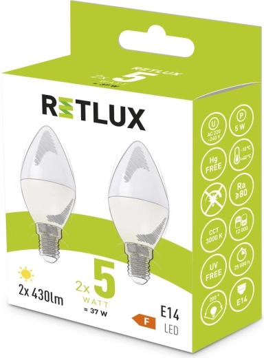 Retlux C37 E14 warm white LED bulb 5 W - 2 pcs