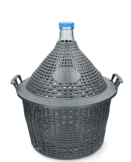 Stekleni damižon 25 l z ozkim grlom in plastično košaro