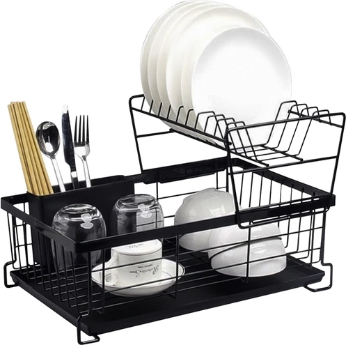 Dvostopenjsko odcejalno stojalo za posodo RUHHY s pladnjem in predalom za pribor, črno