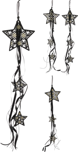 Viseča lesena zvezda s trakovi 16 cm – črno‑zlata dekoracija