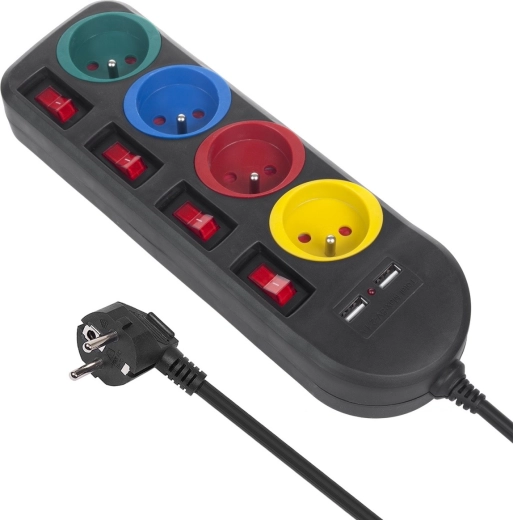 Podaljšek s stikali, 4 vtičnicami in 2× USB – Črna
