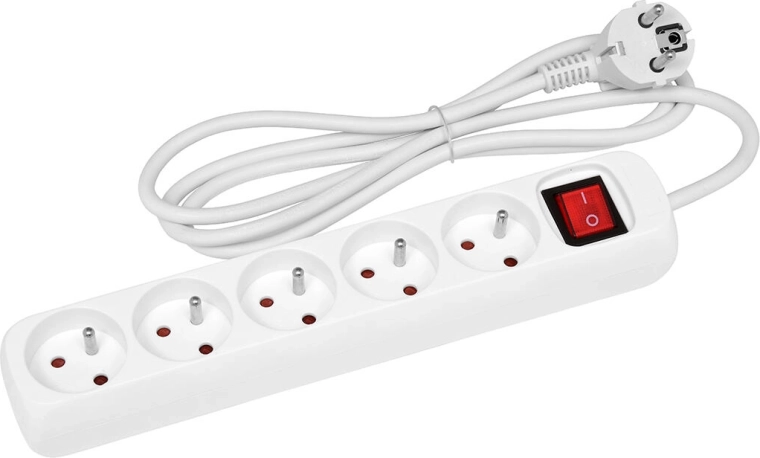 Podaljšek 5 m s 5 vtičnicami in stikalom, bel