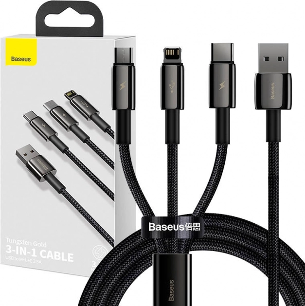 Baseus Tungsten Gold 3-v-1 polnilni in podatkovni kabel USB na Lightning / USB‑C / micro USB, 3,5 A, 1,5 m (črn)