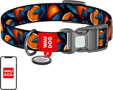 Najlonska ovratnica za pse WAU DOG Oranges z QR značko, velikost L