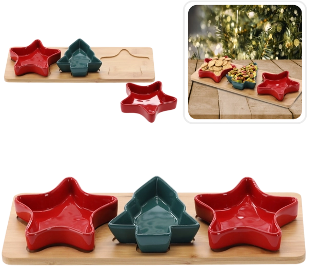 Božični komplet keramičnih skledic na bambusovi deski