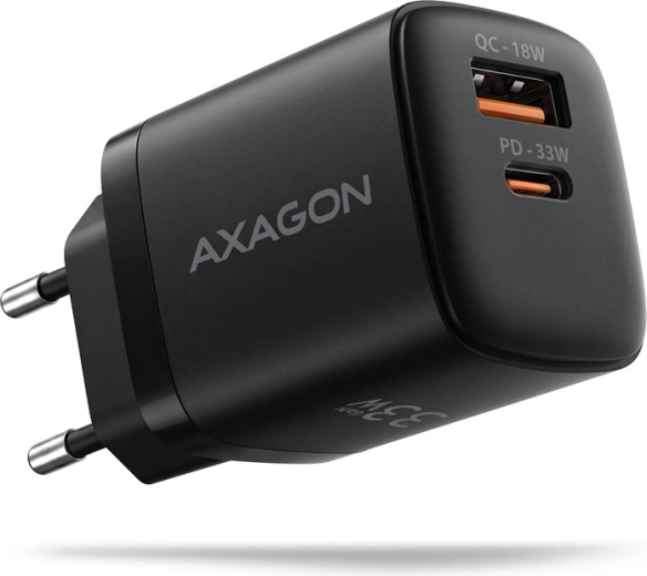 AXAGON omrežni polnilnik GaN 33 W z 2 priključkoma USB-C in USB-A, črn