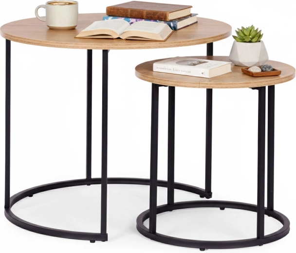 Set of Two Round Coffee Tables in Light Oak, Loft Style ModernHome