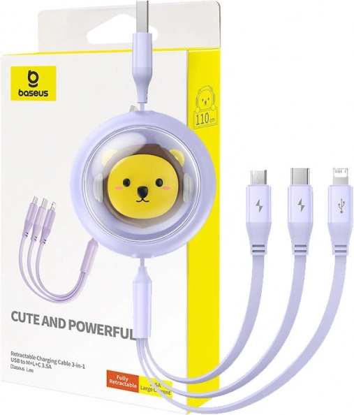 Vlečni 3-v-1 polnilni kabel BASEUS USB na USB‑C, Lightning in Micro USB 3,5 A, 1,1 m – vijoličen