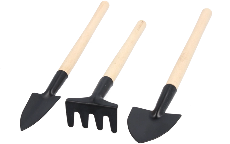 Komplet vrtnih orodij – lopatka, sadilnik in grabljice z lesnim ročajem