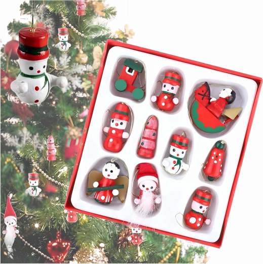 Wooden Christmas tree ornaments, 10 pcs