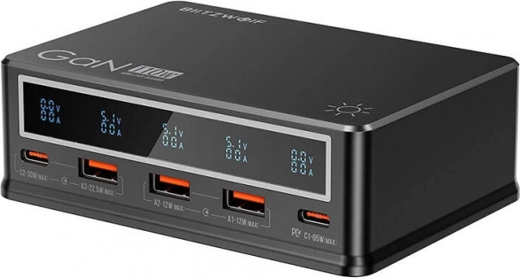 Namizni polnilnik BlitzWolf 110 W s PD, 3× USB‑A in 2× USB‑C, črna