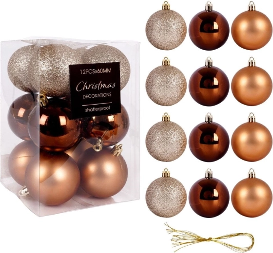 Shatterproof Christmas baubles in amber shades, 6 cm - 12 pcs