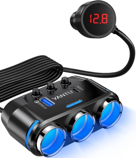 Razdelilnik za avtomobilski vžigalnik Yantu s 3 vtičnicami, USB in USB‑C - 1 kos