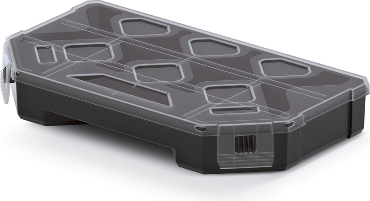 Organizator s pregradami 243 × 142 × 40 mm, črn s prozornim pokrovom