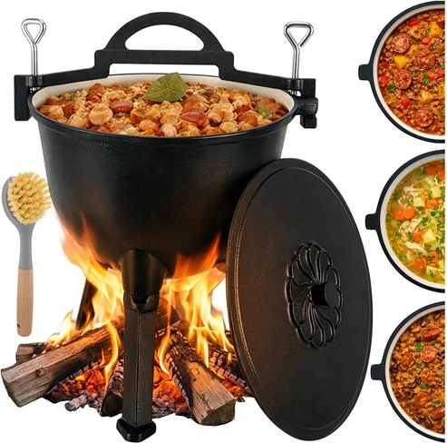 Železni lončeni kotliček za ogenj 10 l KAMINER s stojalom in pokrovom