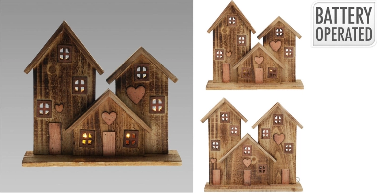 Wooden LED decoration with three houses - 1 piece
