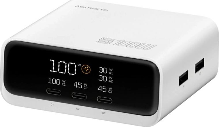Namizni polnilec 4smarts GaN 100 W z zaslonom, 3× USB‑C + 2× USB‑A, bel