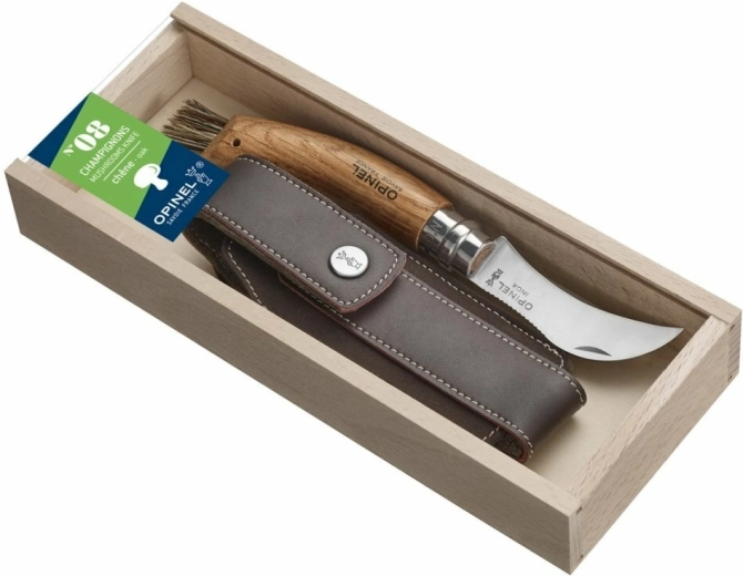 Opinel No.08 Inox Mushroom Pocket Knife, Oak, Leather Sheath, Gift Box