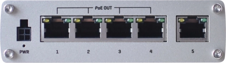 Industrijsko neupravljano gigabitno stikalo TELTONIKA s PoE+, 5 vrat (4× PoE+)