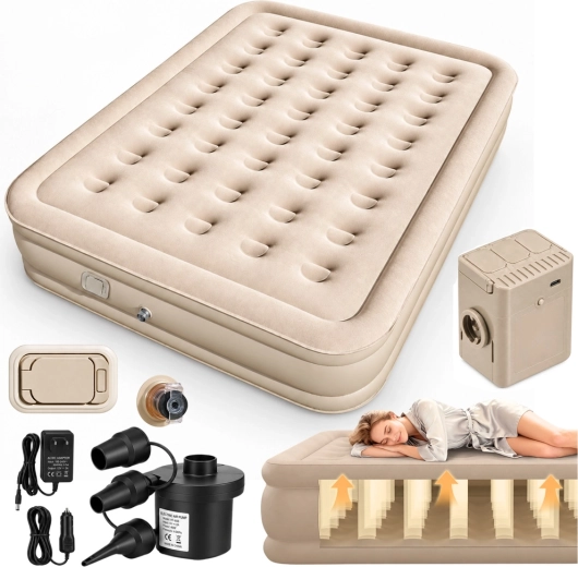 Beige inflatable double mattress with electric pump and pillow, 198 × 152 cm