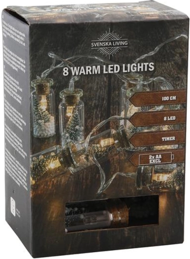 Svetlobni venec s časovnikom, 8 LED stekleničk z drevescem, 100 cm