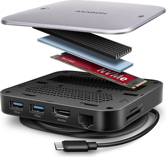 AXAGON večvratni USB‑C hub 9v1 z M.2 NVMe/SATA, HDMI 4K/60 Hz, PD 100 W, GLAN in čitalnikom kartic