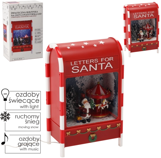 Božična poštna nabiralnik z LED, glasbo in vrtiljakom, rdeča, 25 × 15 × 40 cm