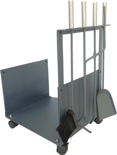 Kaminjska košara z orodjem 62 cm – jeklo in les, siva, komplet 4 deli