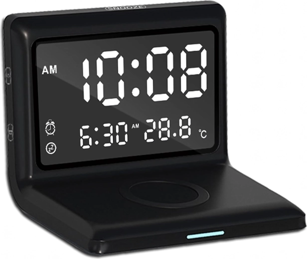 3v1 digitalna budilka z brezžičnim polnjenjem 15 W in termometrom, zrcalni zaslon