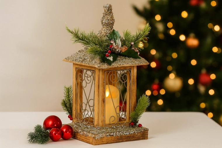 Christmas wooden LED lantern with candle 18 × 18 × 38 cm